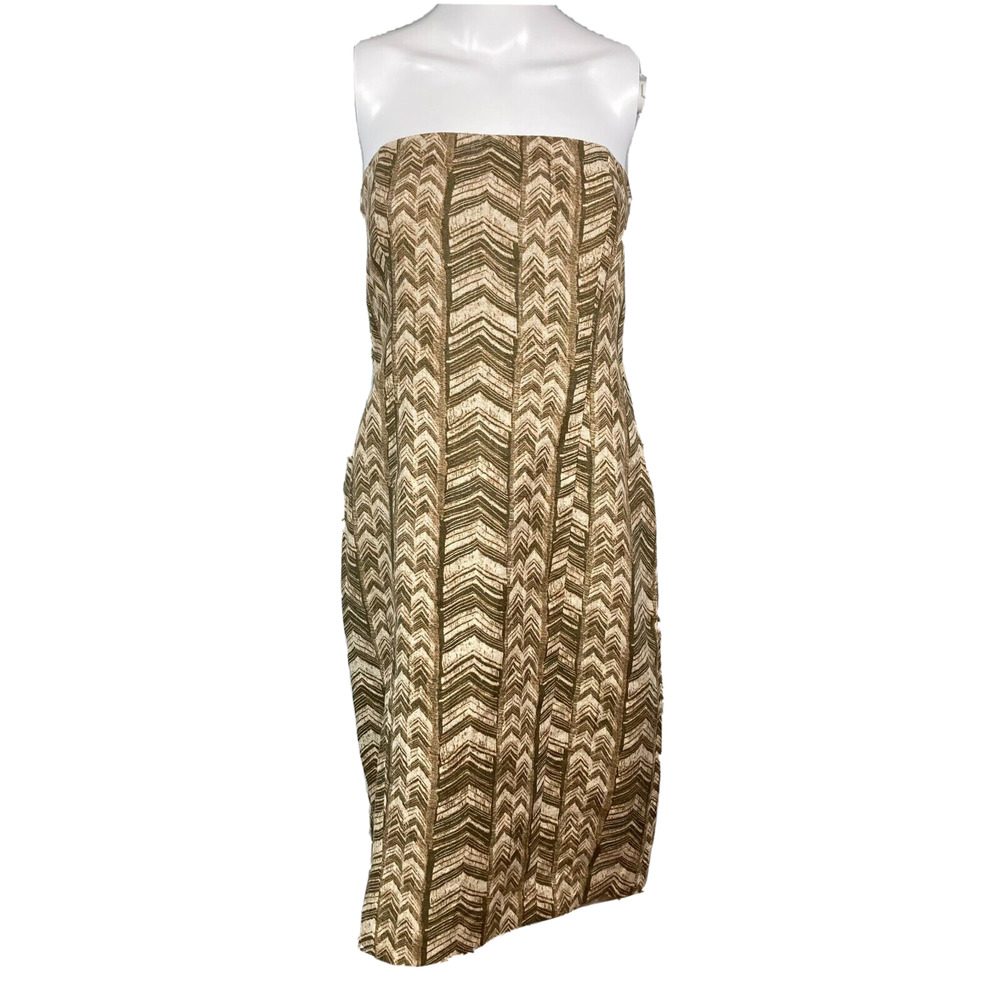Michael Michael Kors Dress Womens Sz 8 Olive Brown Strapless Linen Midi Sheath